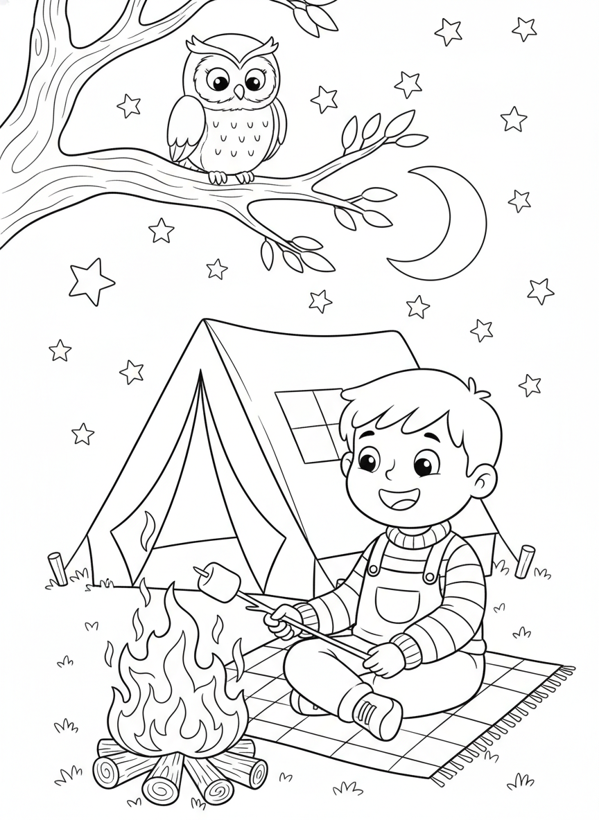 Cozy Camping Adventure Coloring Page for Kids - Camping Coloring Page featuring Children and Cute - Free Printable Outline Drawing for Kids