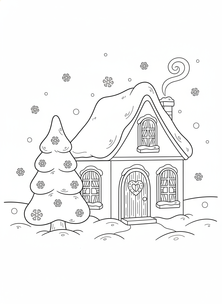 Cozy Christmas House Coloring Page for Kids in a Snowy Wonderland - Christmas Coloring Page featuring Christmas and Easy to Color - Free Printable Outline Drawing for Kids