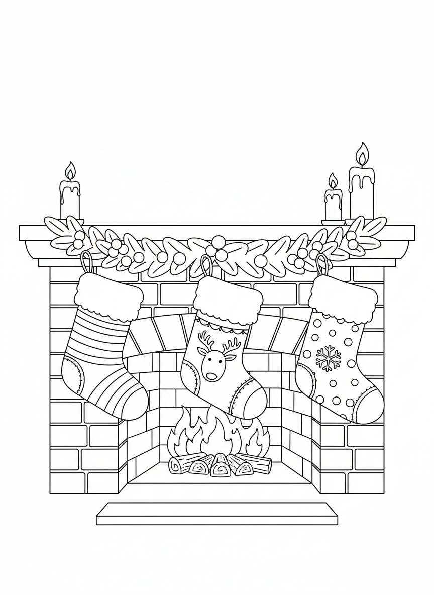 Cozy Christmas Stockings by the Fire Coloring Page - Christmas Coloring Page featuring Christmas and Cozy - Free Printable Outline Drawing for Kids