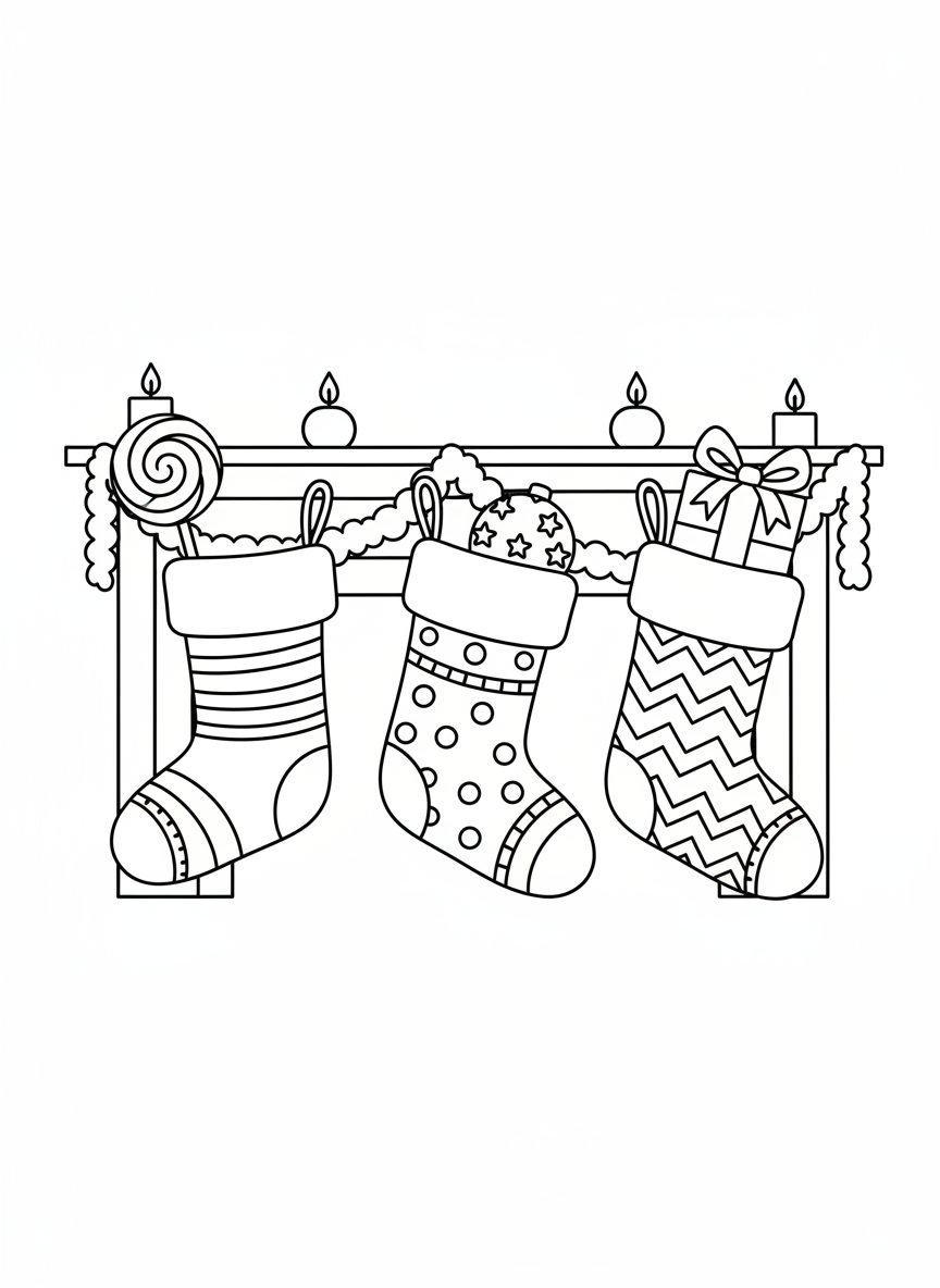 Cozy Christmas Stockings Coloring Page for Kids - Christmas Coloring Page featuring Festive and Children - Free Printable Outline Drawing for Kids