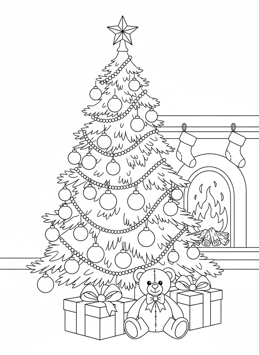 Cozy Christmas Tree Coloring Page for Kids 🎄 - Christmas Coloring Page featuring Christmas Tree and Cozy - Free Printable Outline Drawing for Kids