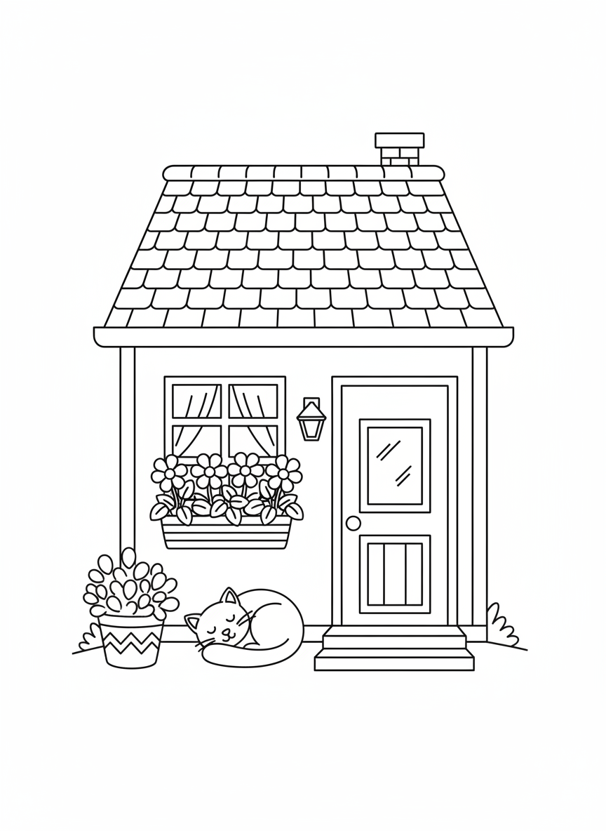Cozy House Coloring Page with Sleeping Cat for Kids - House Coloring Page featuring Cozy and Children - Free Printable Outline Drawing for Kids
