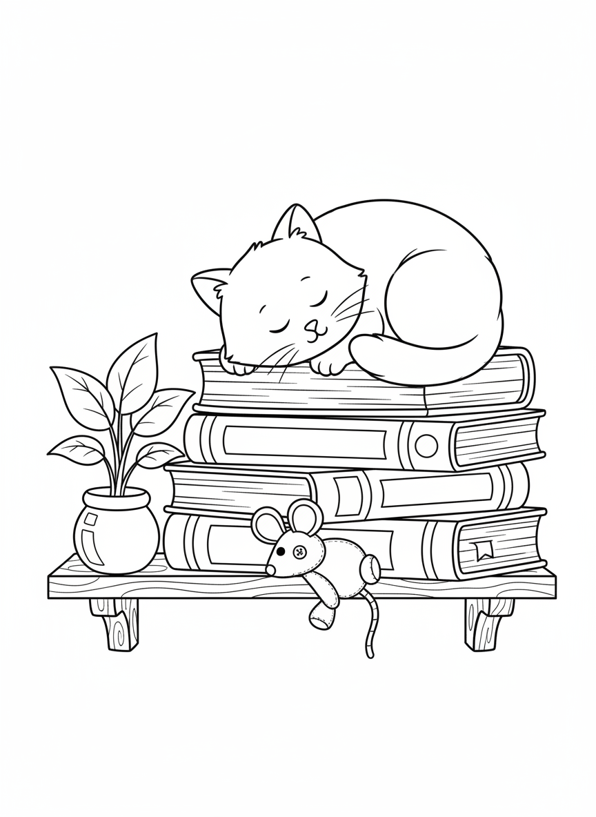 Cozy Napping Cat on Bookshelf Coloring Page for Kids - Cat Coloring Page featuring Cozy and Children - Free Printable Outline Drawing for Kids