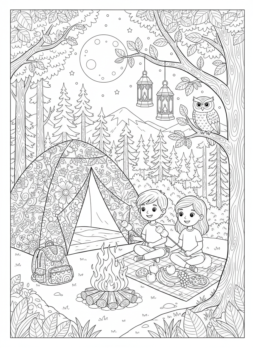 Cozy Night Camping Adventure: Detailed Coloring Page for Kids - Camping Coloring Page featuring Children and Detailed - Free Printable Outline Drawing for Kids
