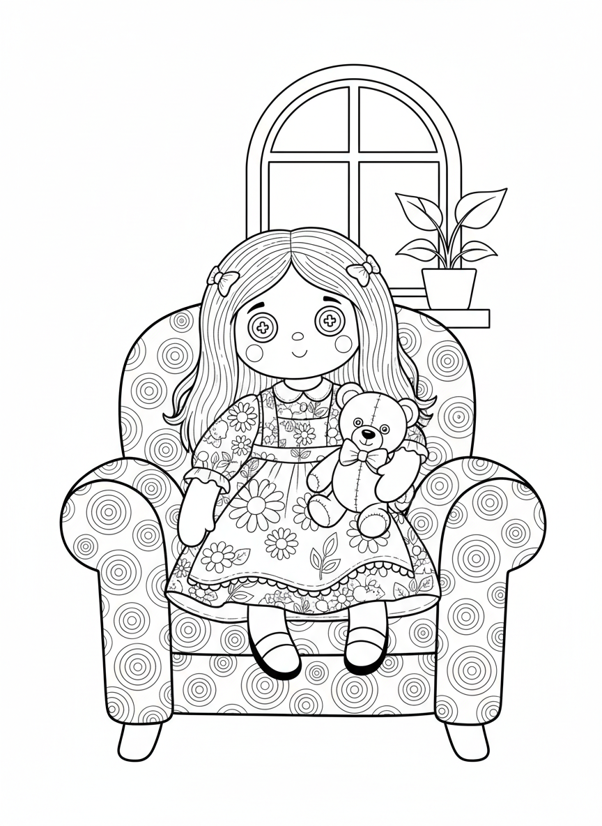 Cozy Rag Doll & Teddy Bear: A Whimsical Coloring Page for Kids - Toy Coloring Page featuring Cute and Teddy Bear - Free Printable Outline Drawing for Kids