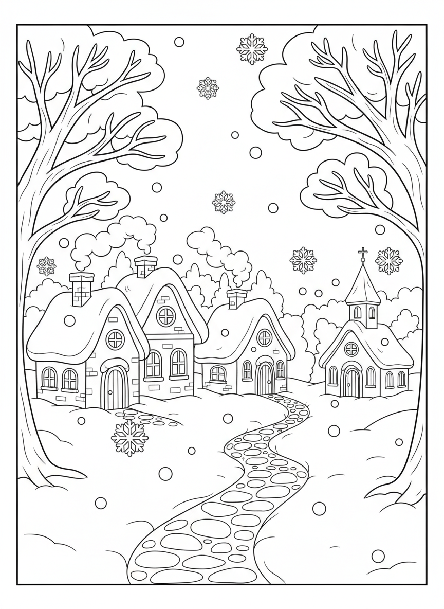 Cozy Snowy Village Scene Coloring Page - Winter Coloring Page featuring Snow and Seasonal - Free Printable Outline Drawing for Kids