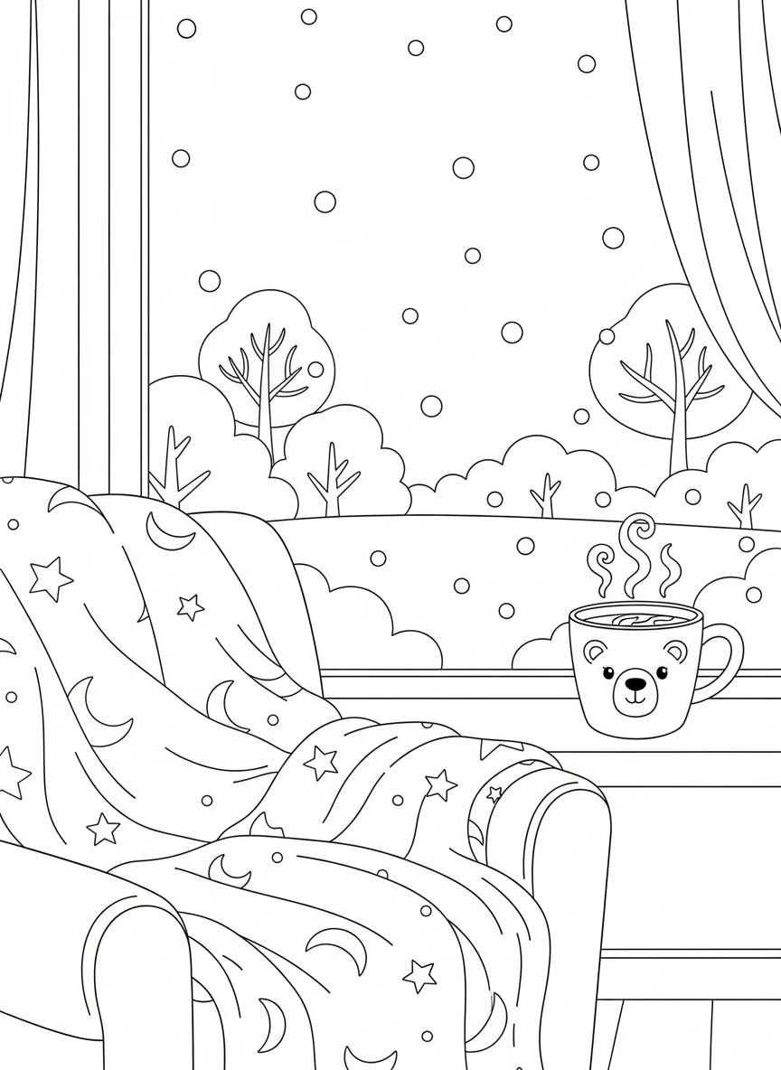 Cozy Window Snow View Coloring Page - Winter Coloring Page featuring Snow and Seasonal - Free Printable Outline Drawing for Kids