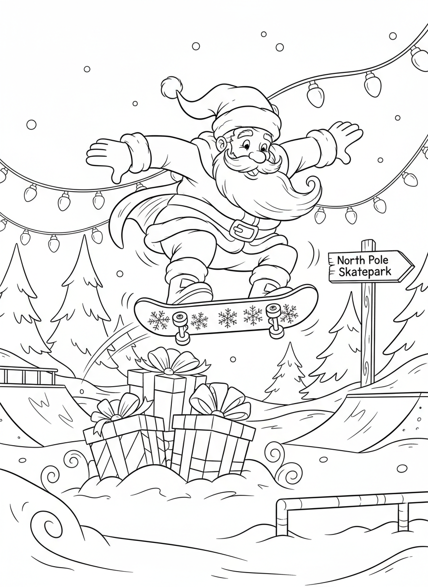 瘋狂聖誕節：滑板聖誕老人的特技著色頁 - 聖誕節 著色頁 聖誕節、兒童 - 免費可列印輪廓畫