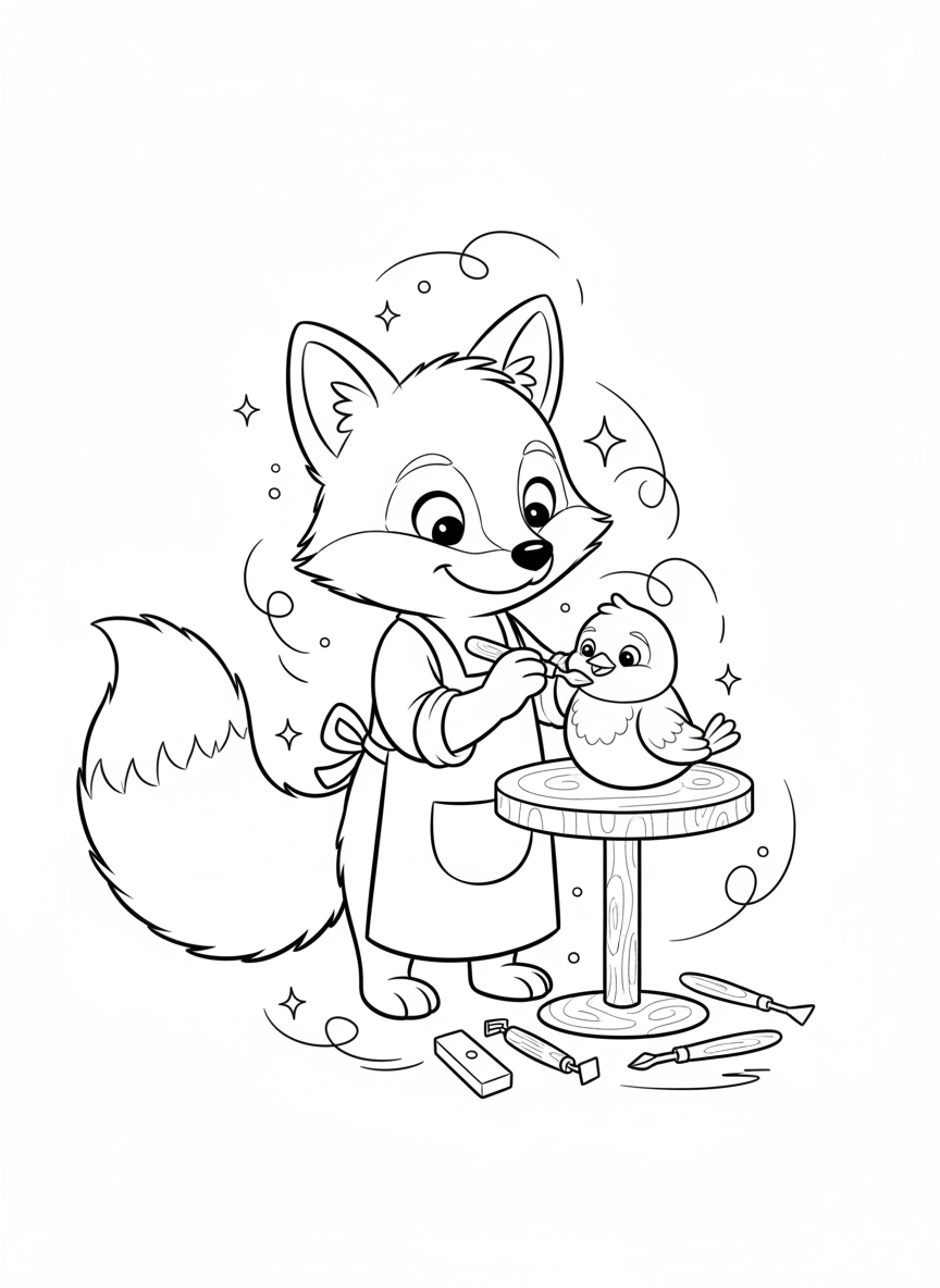 Creative Fox Sculptor: A Cute Cartoon Coloring Page for Kids - Art Supplies Coloring Page featuring Children and Cute - Free Printable Outline Drawing for Kids