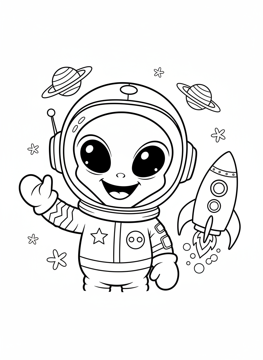 Cute Alien Astronaut & Whimsical Spaceship Coloring Page - Space Character Coloring Page featuring Easy to Color and Cute - Free Printable Outline Drawing for Kids