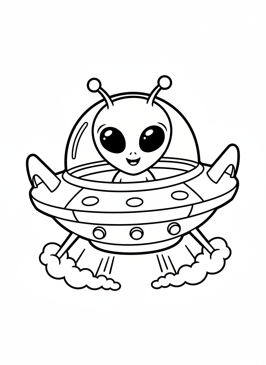 Süßes Alien UFO Malvorlage für Kinder - Weltraumcharakter Malvorlage mit Kinder und Niedlich - Kostenlose Druckbare Umrisszeichnung