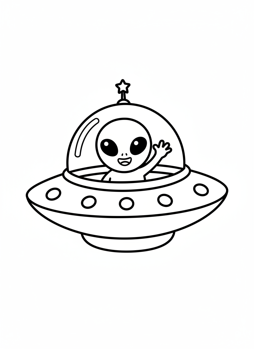 Cute Alien Waving from UFO Coloring Page for Kids - Space Character Coloring Page featuring Children and Cute - Free Printable Outline Drawing for Kids