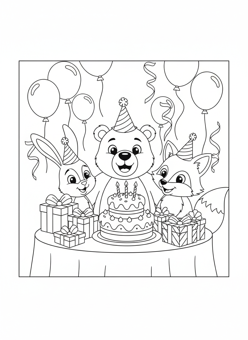 Cute Animal Birthday Party: A Fun Coloring Page for Kids - Birthday Coloring Page featuring Easy and Children - Free Printable Outline Drawing for Kids