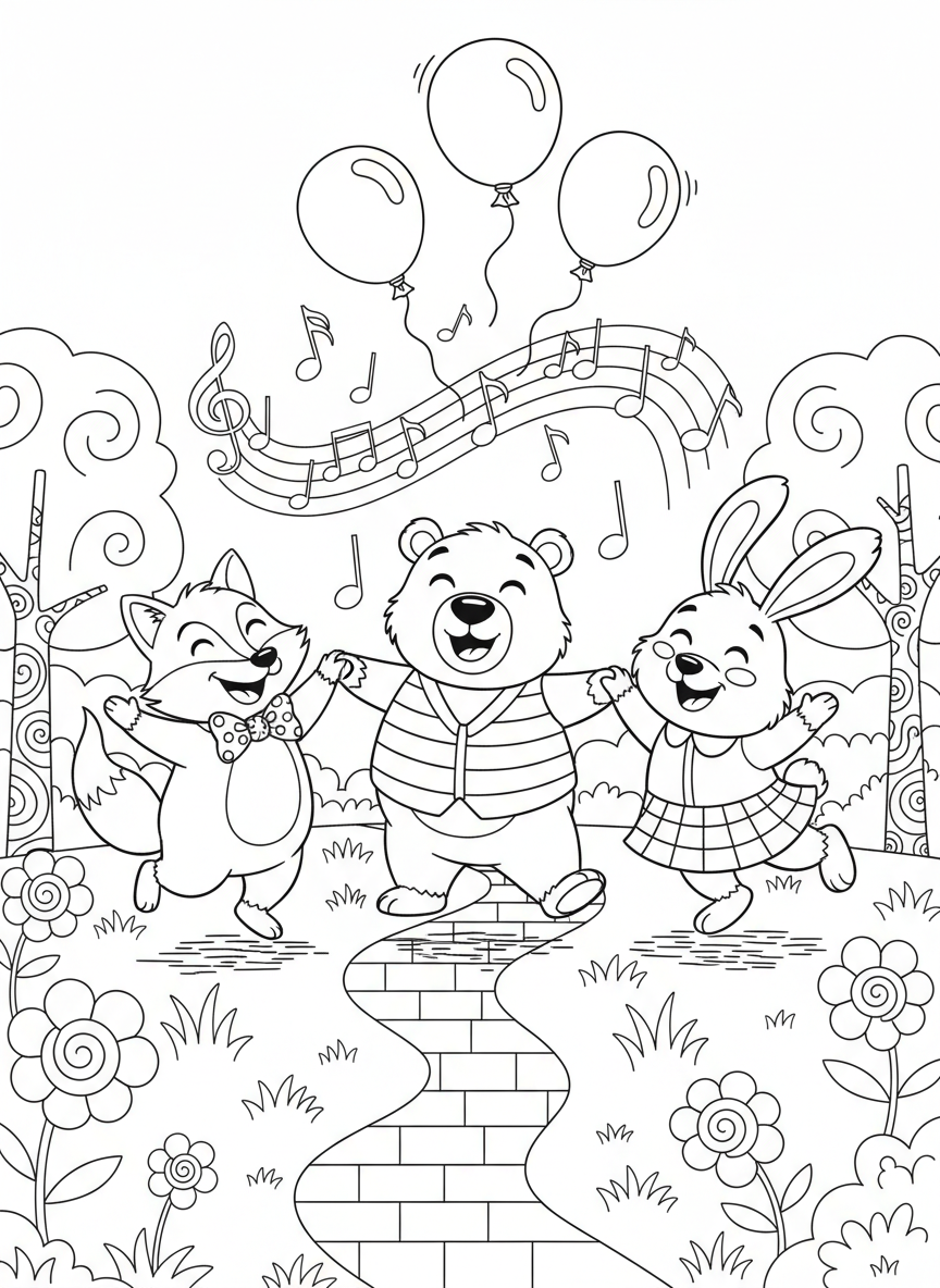 Cute Animal Friends Dancing Coloring Page for Kids (Ages 5-8) - Friends Coloring Page featuring Dancing and Outdoor - Free Printable Outline Drawing for Kids