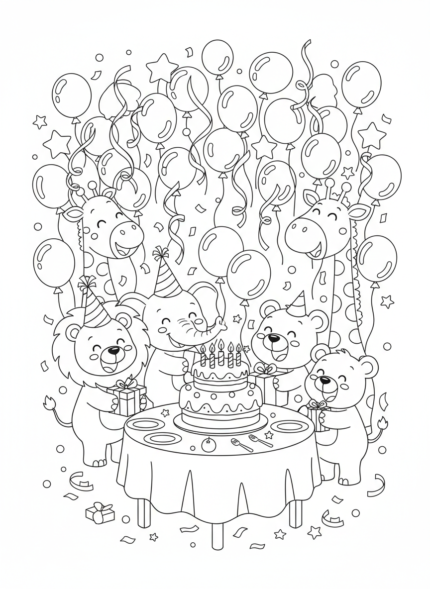 Cute Animals Birthday Party Coloring Page for Kids - Birthday Coloring Page featuring Children and Cute - Free Printable Outline Drawing for Kids