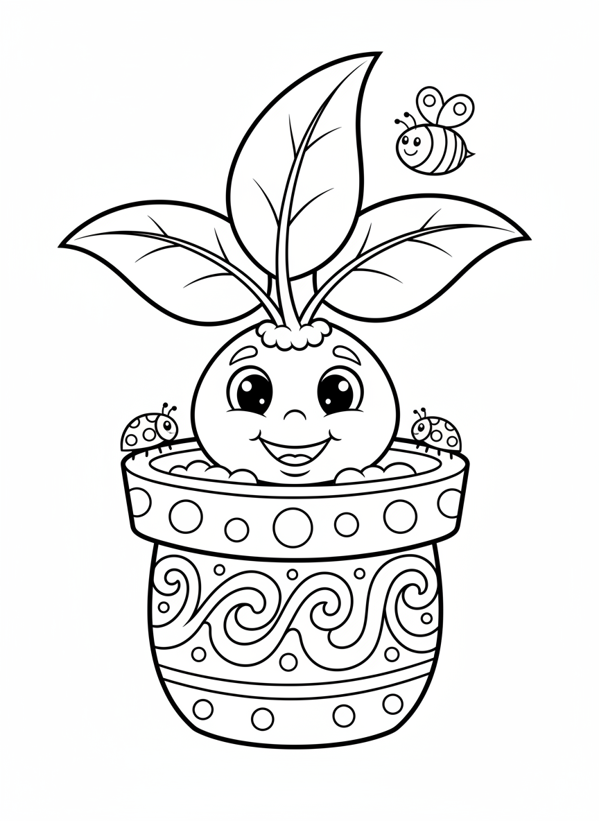 Cute Anthropomorphic Potted Plant with Ladybugs & Bee Coloring Page for Kids - Flowers Coloring Page featuring Friendly and Easy to Color - Free Printable Outline Drawing for Kids