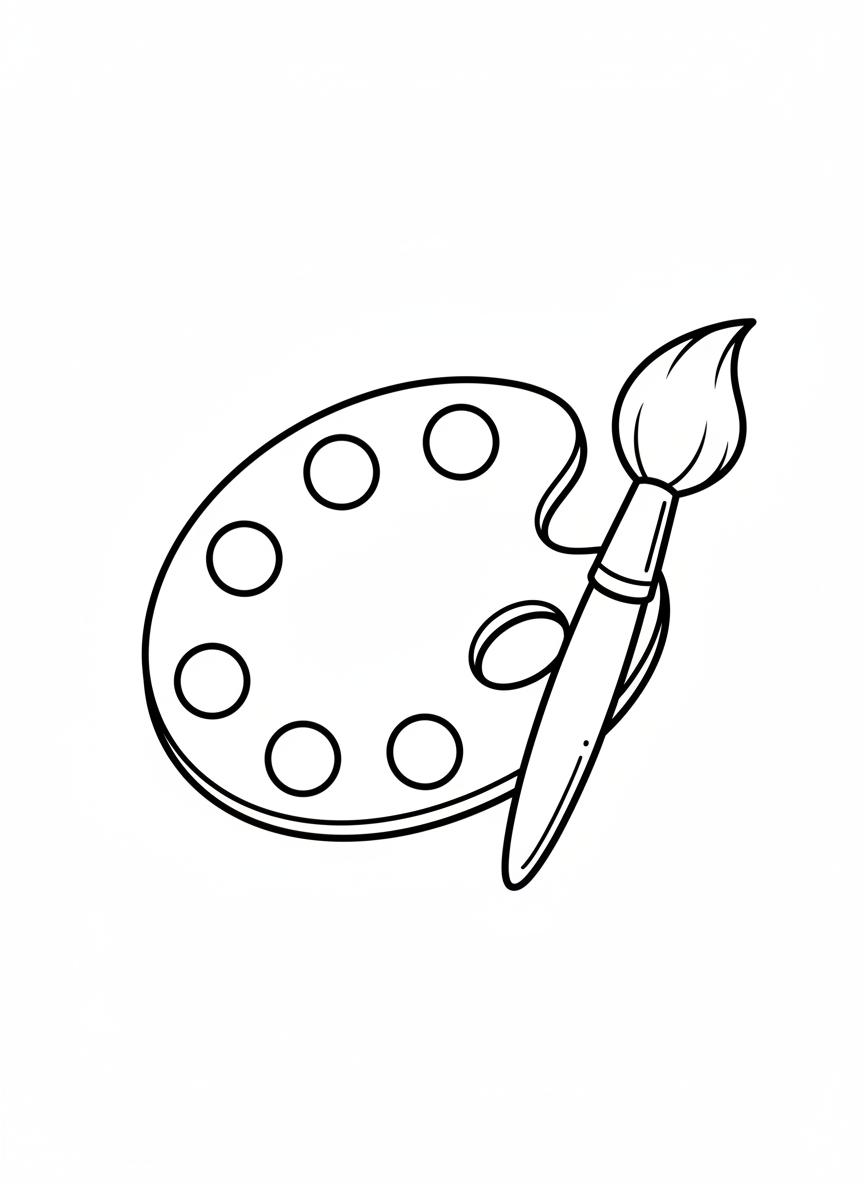 Cute Artist Palette & Paintbrush Coloring Page for Kids - Art Supplies Coloring Page featuring Children and Cute - Free Printable Outline Drawing for Kids