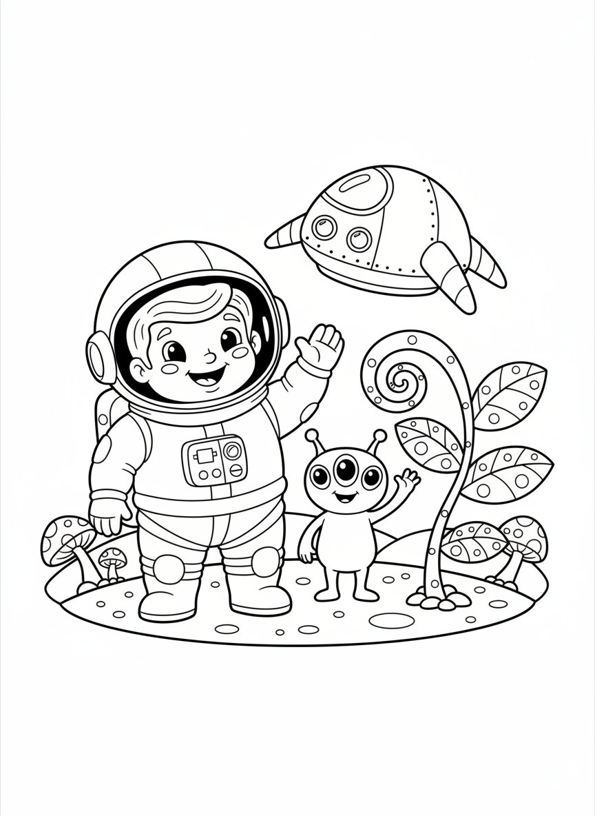 Cute Astronaut & Alien on Whimsical Planet Coloring Page for Kids - Space & Planet Coloring Page featuring Children and Space - Free Printable Outline Drawing for Kids