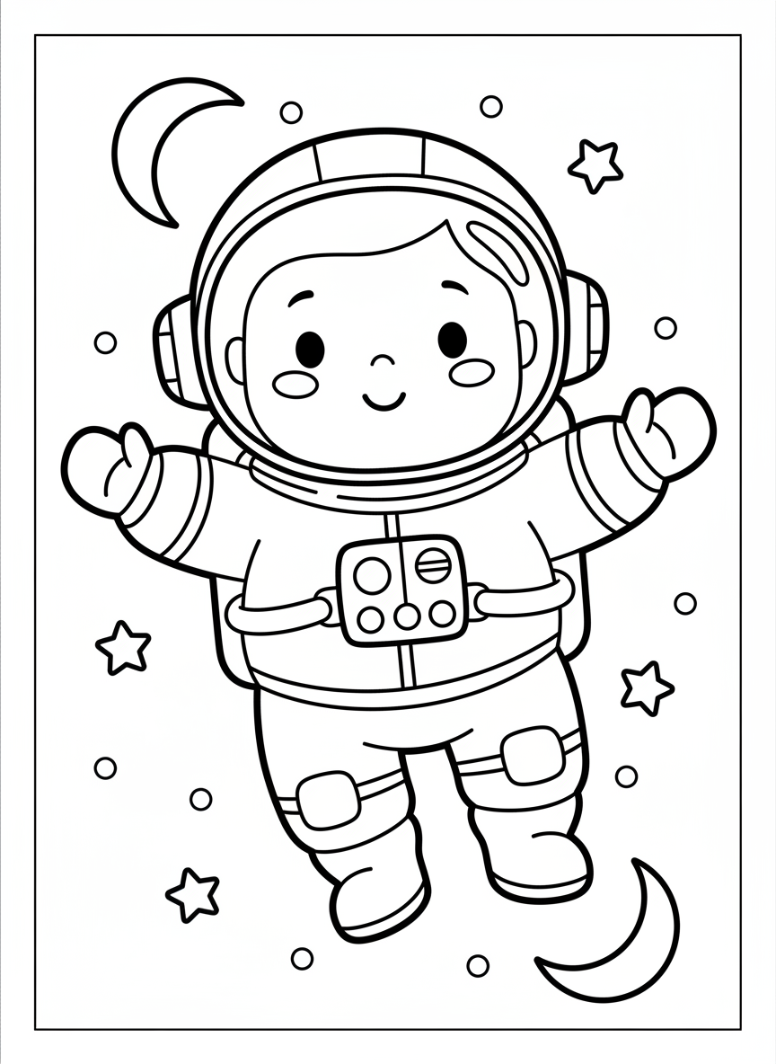 Cute Astronaut in Space Coloring Page for Kids - Space Character Coloring Page featuring Children and Cute - Free Printable Outline Drawing for Kids