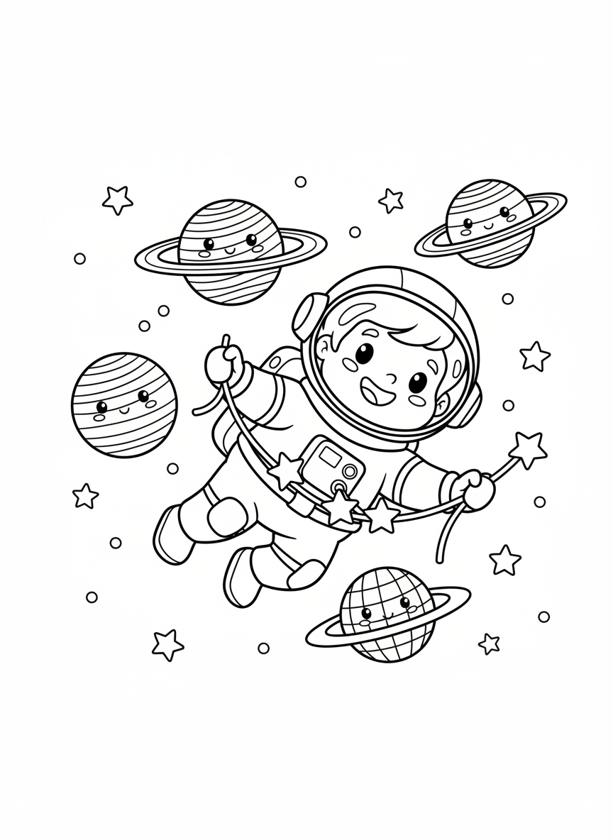 Cute Astronaut & Smiling Planets Space Adventure Coloring Page - Space & Planet Coloring Page featuring Cute and Space - Free Printable Outline Drawing for Kids
