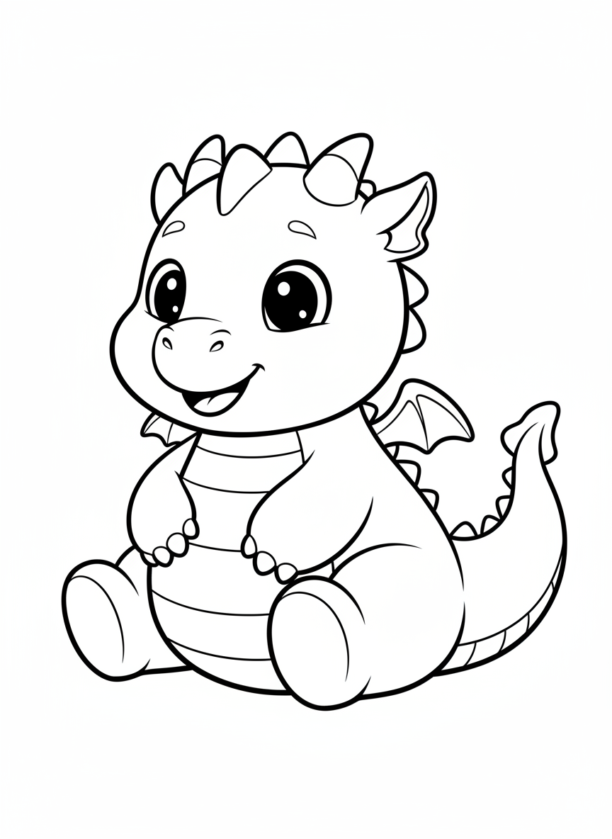 Cute Baby Dragon Coloring Page for Young Kids - Dragon Coloring Page featuring Children and Cute - Free Printable Outline Drawing for Kids