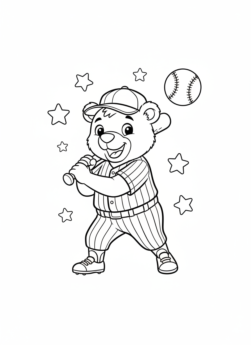 Cute Baseball Bear Coloring Page for Kids - Bear Coloring Page featuring Easy to Color and Children - Free Printable Outline Drawing for Kids