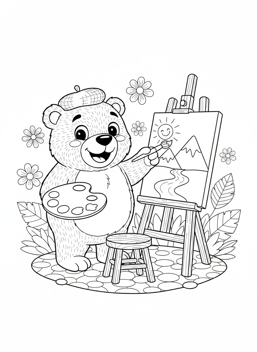 Cute Bear Artist Painting a Sunny Mountain Landscape - Bear Coloring Page featuring Easy to Color and Cute Bear - Free Printable Outline Drawing for Kids