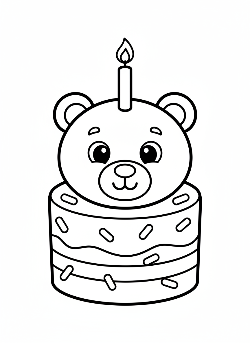 Cute Bear Birthday Cake Coloring Page for Kids - Birthday Coloring Page featuring Easy to Color and Cute - Free Printable Outline Drawing for Kids