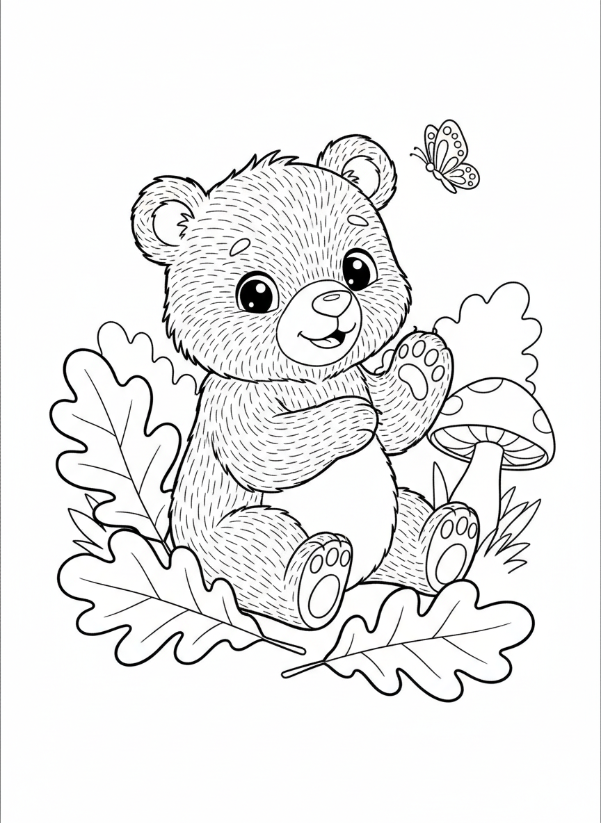 Cute Bear Cub in Forest Coloring Page - Bear Coloring Page featuring Cute and Forest - Free Printable Outline Drawing for Kids
