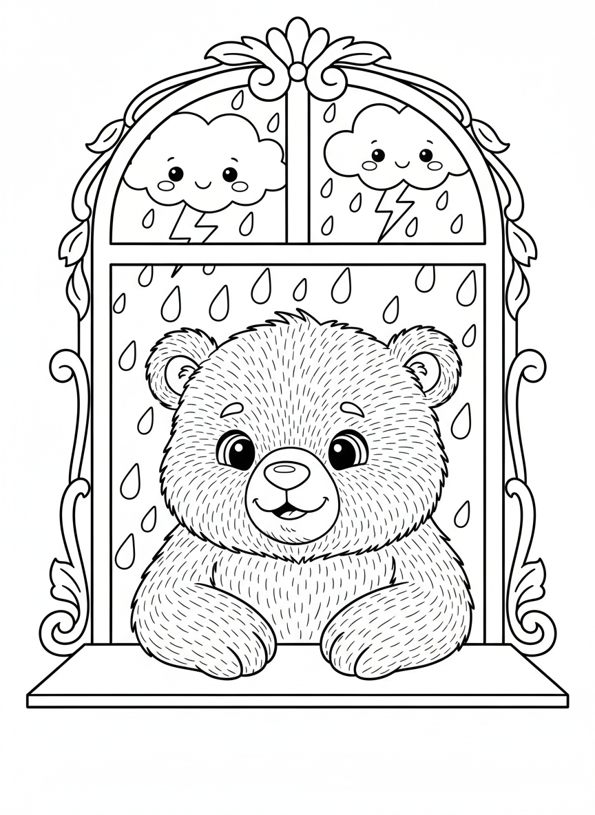 Cute Bear Cub Rainy Day Fun: A Cozy Window Coloring Page for Kids - Bear Coloring Page featuring Children and Cute - Free Printable Outline Drawing for Kids