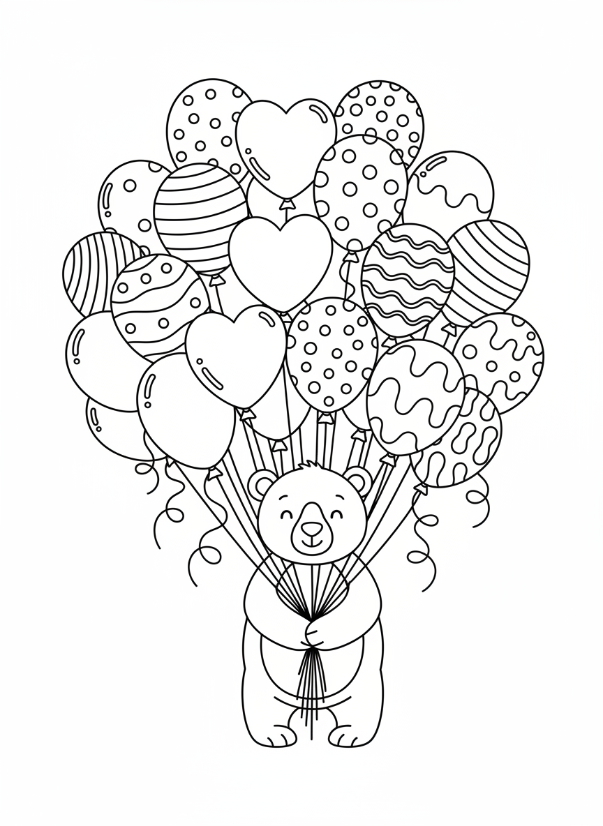 Cute Bear Cub with Balloons Coloring Page for Kids - Bear Coloring Page featuring Children and Cute - Free Printable Outline Drawing for Kids