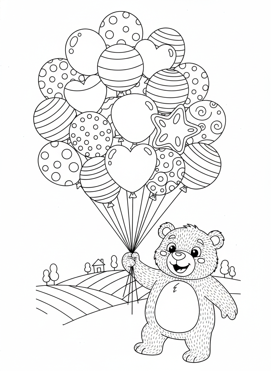 Cute Bear Flying with Balloons Over Rolling Hills Kids Coloring Page - Bear Coloring Page featuring Cute and Balloons - Free Printable Outline Drawing for Kids