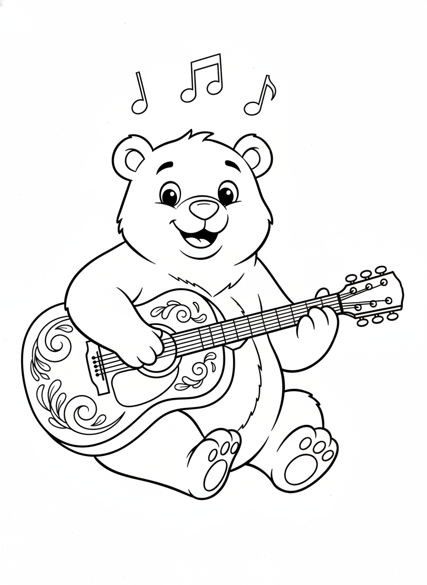 Cute Bear Playing Guitar Coloring Page for Kids - Bear Coloring Page featuring Happy and Children - Free Printable Outline Drawing for Kids