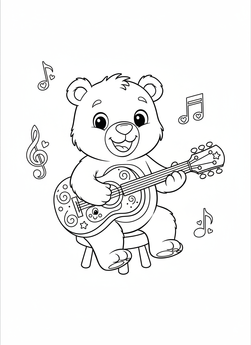 Cute Bear Playing Toy Guitar Coloring Page for Kids - Bear Coloring Page featuring Cute and Children - Free Printable Outline Drawing for Kids