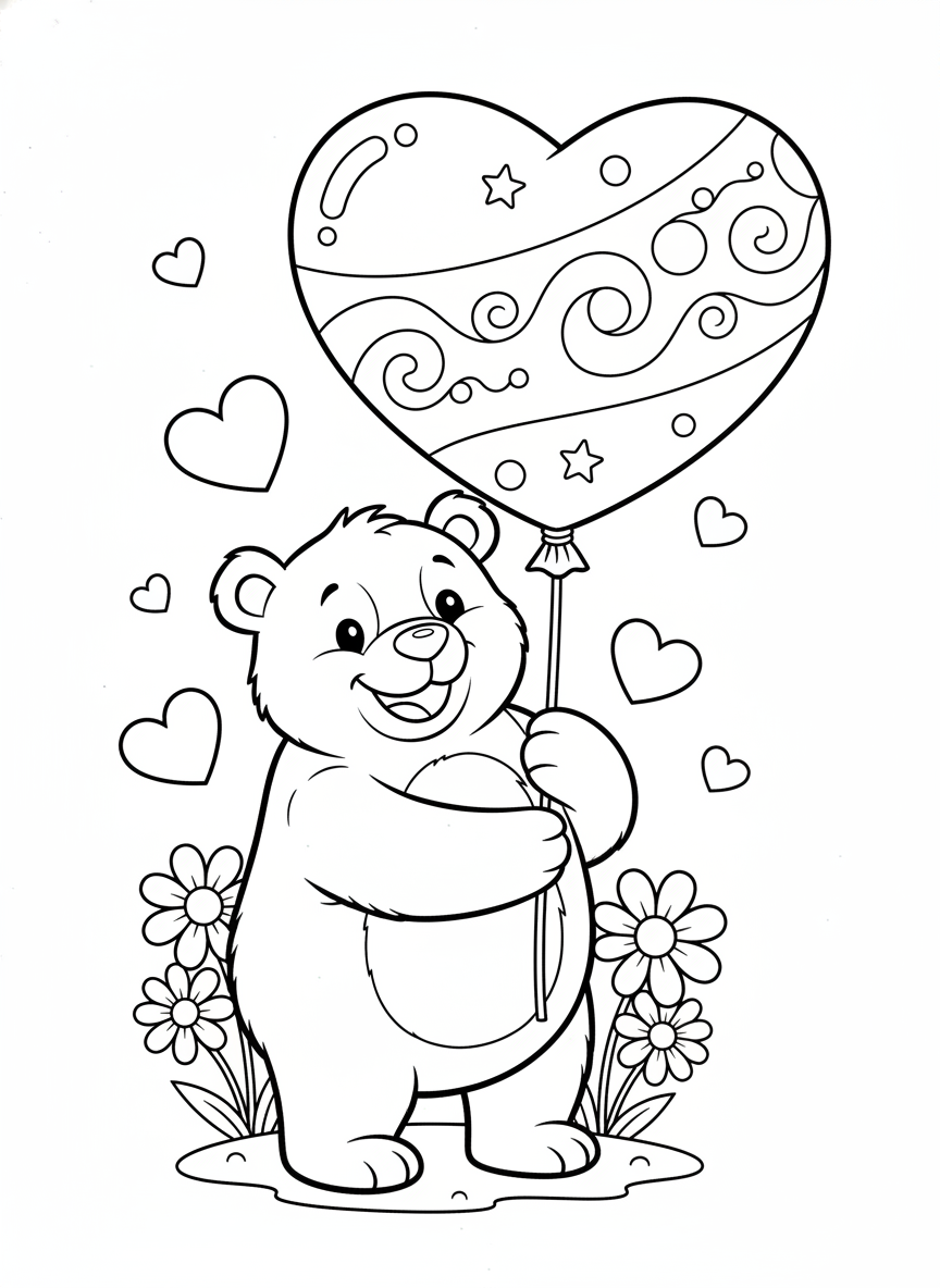 Oso Tierno con Globo de Corazón para Colorear Niños - Oso Dibujo para Colorear con Niños y Lindo - Dibujo de Contorno Gratis Imprimible