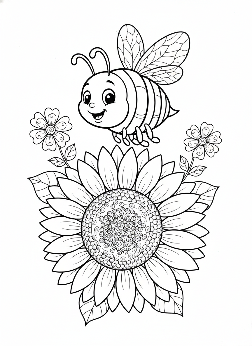 Cute Bee & Sunflower Coloring Page for Kids 5-8 - Bee Coloring Page featuring Nature and Cute - Free Printable Outline Drawing for Kids