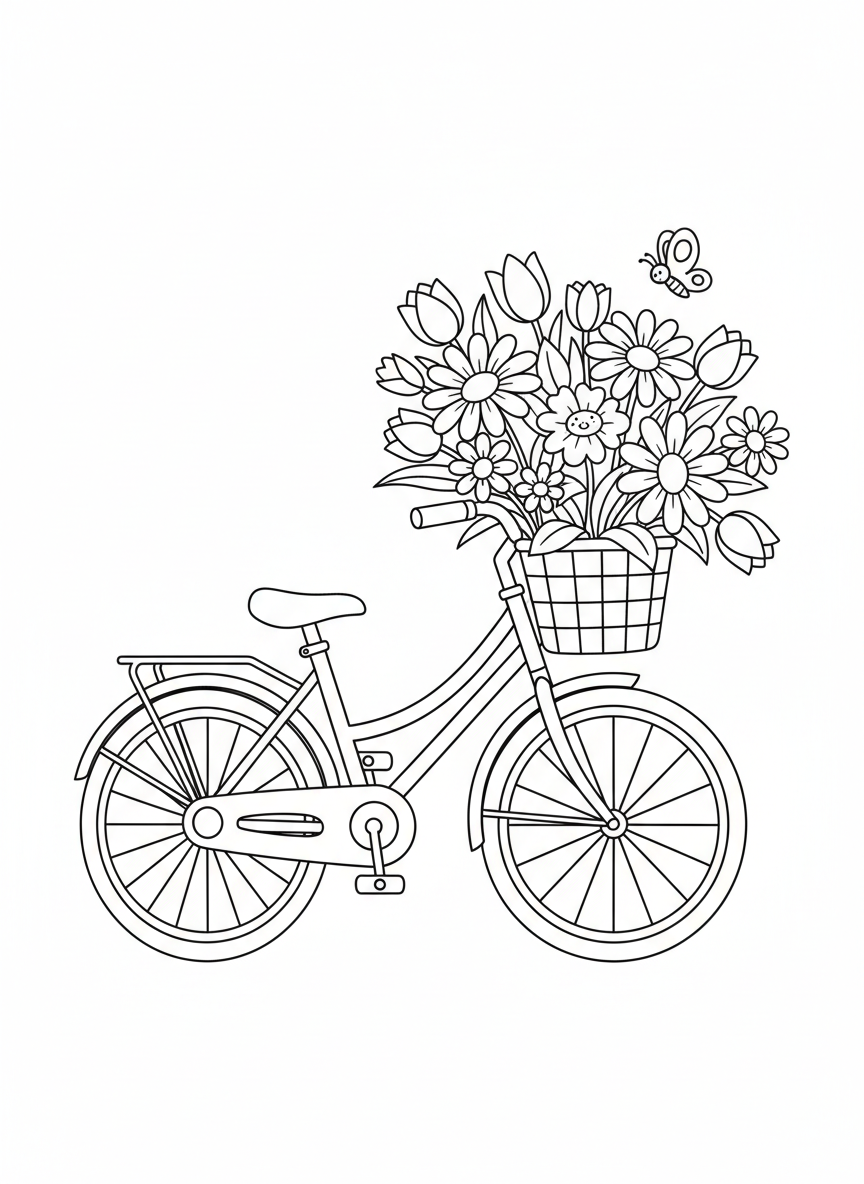 Cute Bicycle with Flowers Coloring Page for Kids - Bicycle Coloring Page featuring Children and Cute - Free Printable Outline Drawing for Kids
