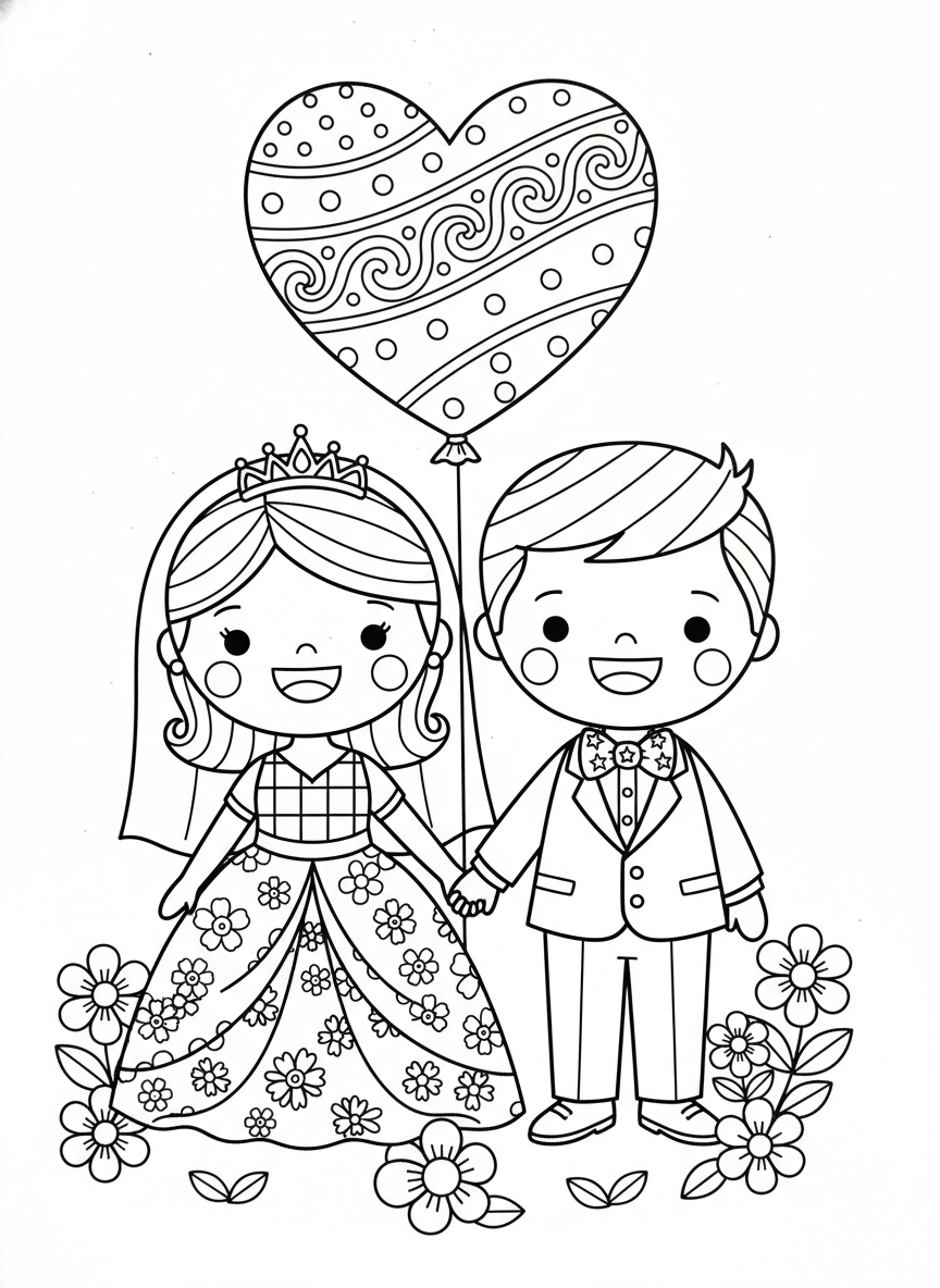 Cute Bride & Groom Wedding Coloring Page for Kids - Wedding Coloring Page featuring Cute and Celebration - Free Printable Outline Drawing for Kids