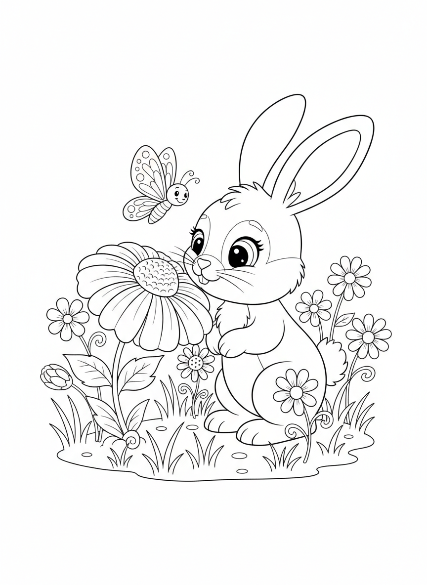 Coelho Fofo e Borboleta Feliz em Jardim de Primavera para Colorir - Coelho Desenho para Colorir com Crianças e Fofo - Desenho de Contorno Grátis Imprimível