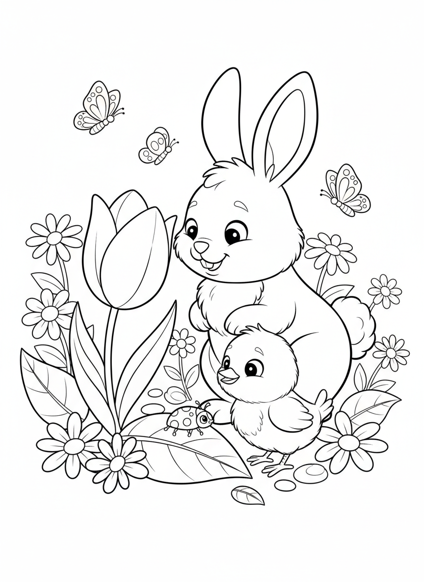 Cute Bunny & Chick Spring Garden Coloring Page for Kids - Rabbit Coloring Page featuring Children and Cute - Free Printable Outline Drawing for Kids