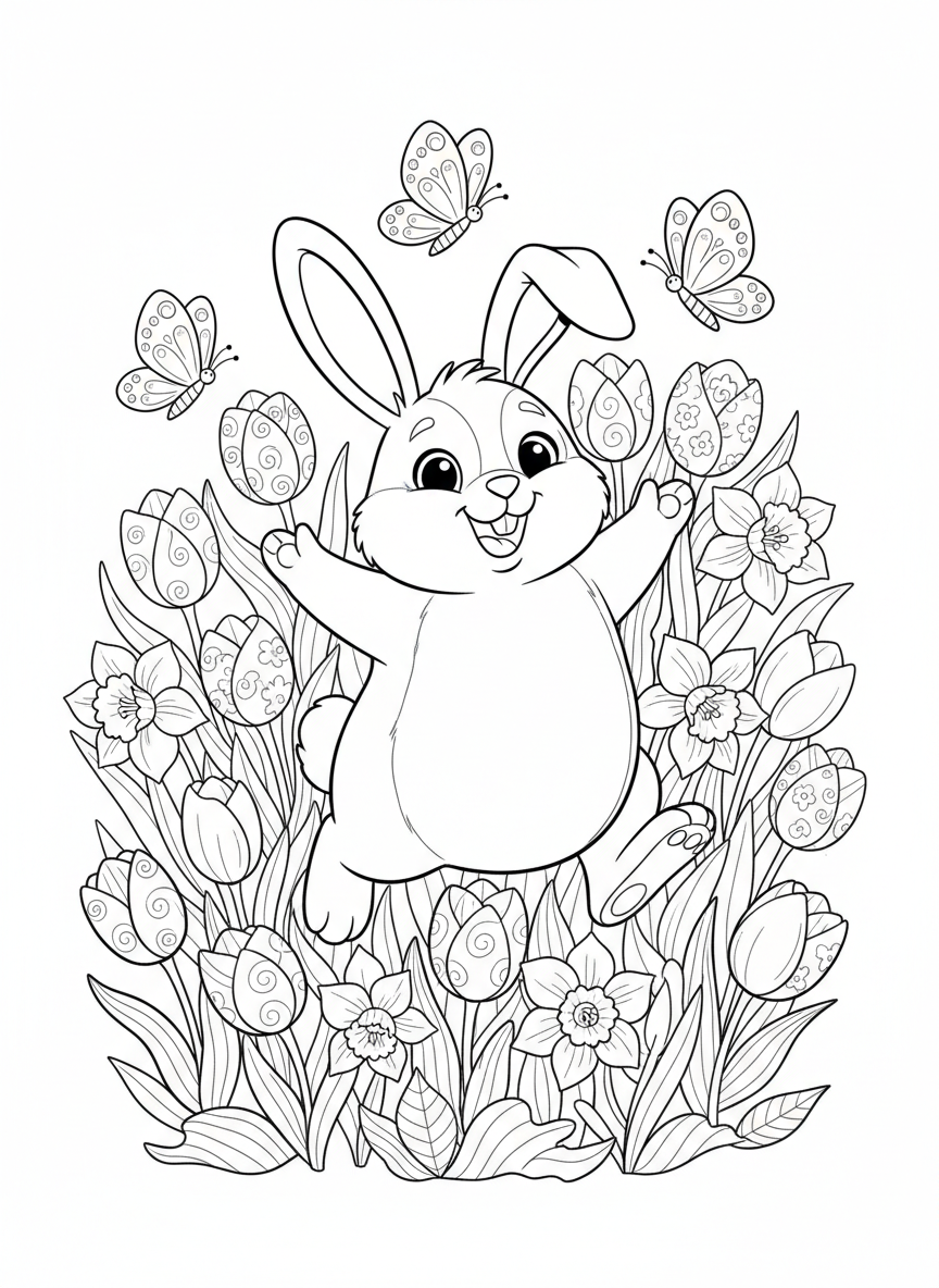 Cute Bunny in Spring Garden Coloring Page for Kids - Rabbit Coloring Page featuring Children and Cute - Free Printable Outline Drawing for Kids