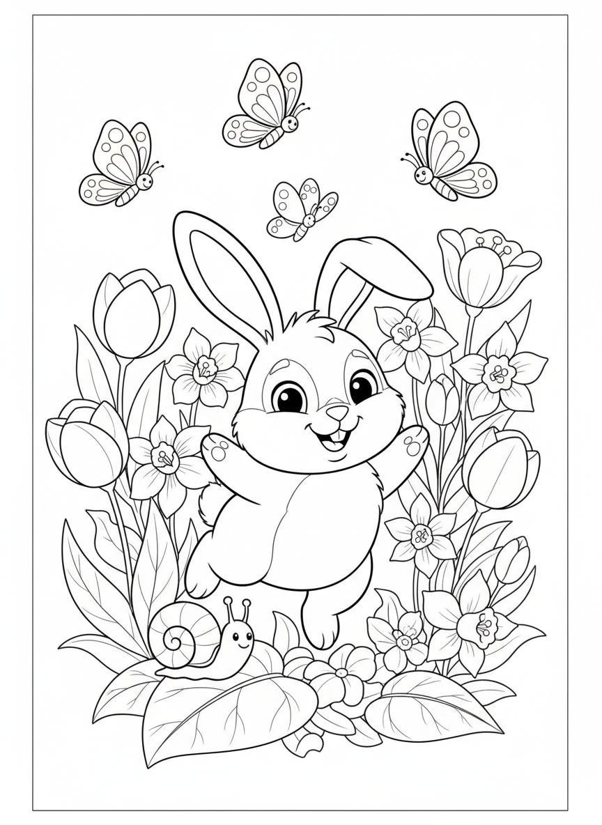 Coelhinho Fofo em Jardim de Primavera Mágico para Colorir - Coelho Desenho para Colorir com Crianças e Fofo - Desenho de Contorno Grátis Imprimível