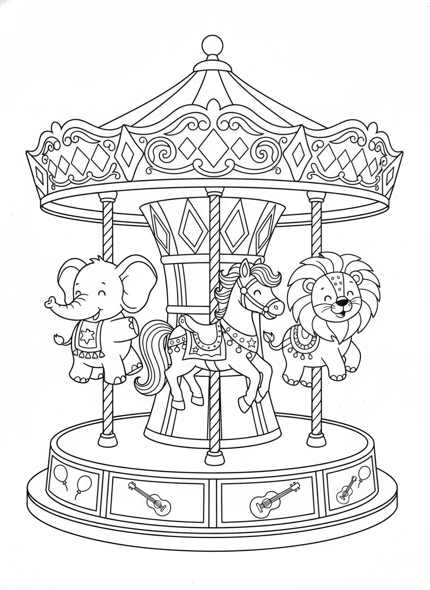 Cute Carousel Animals Coloring Page for Kids - Carousel Coloring Page featuring Easy and Children - Free Printable Outline Drawing for Kids
