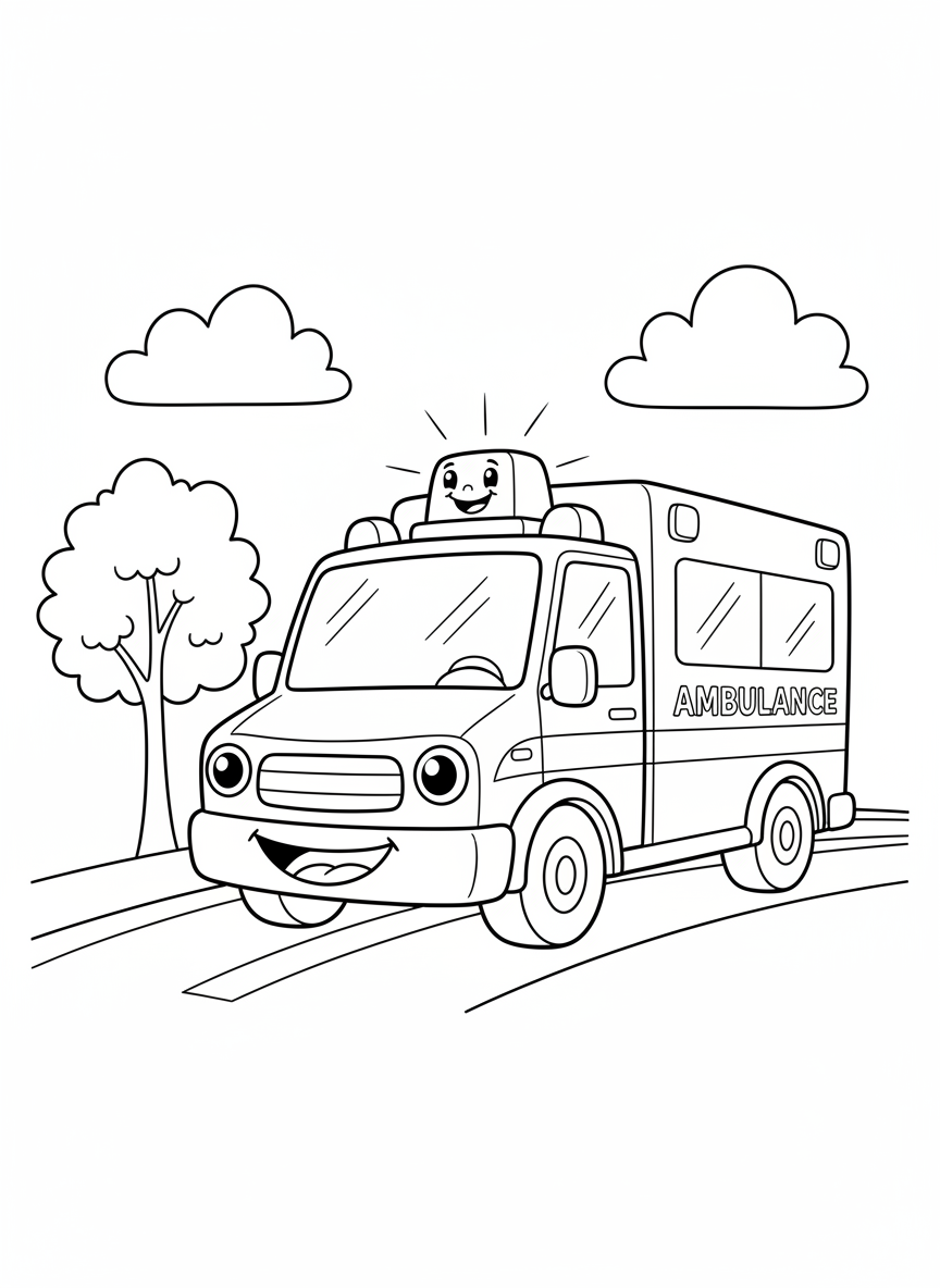 Cute Cartoon Ambulance Coloring Page for Kids - Ambulance Coloring Page featuring Easy to Color and Children - Free Printable Outline Drawing for Kids