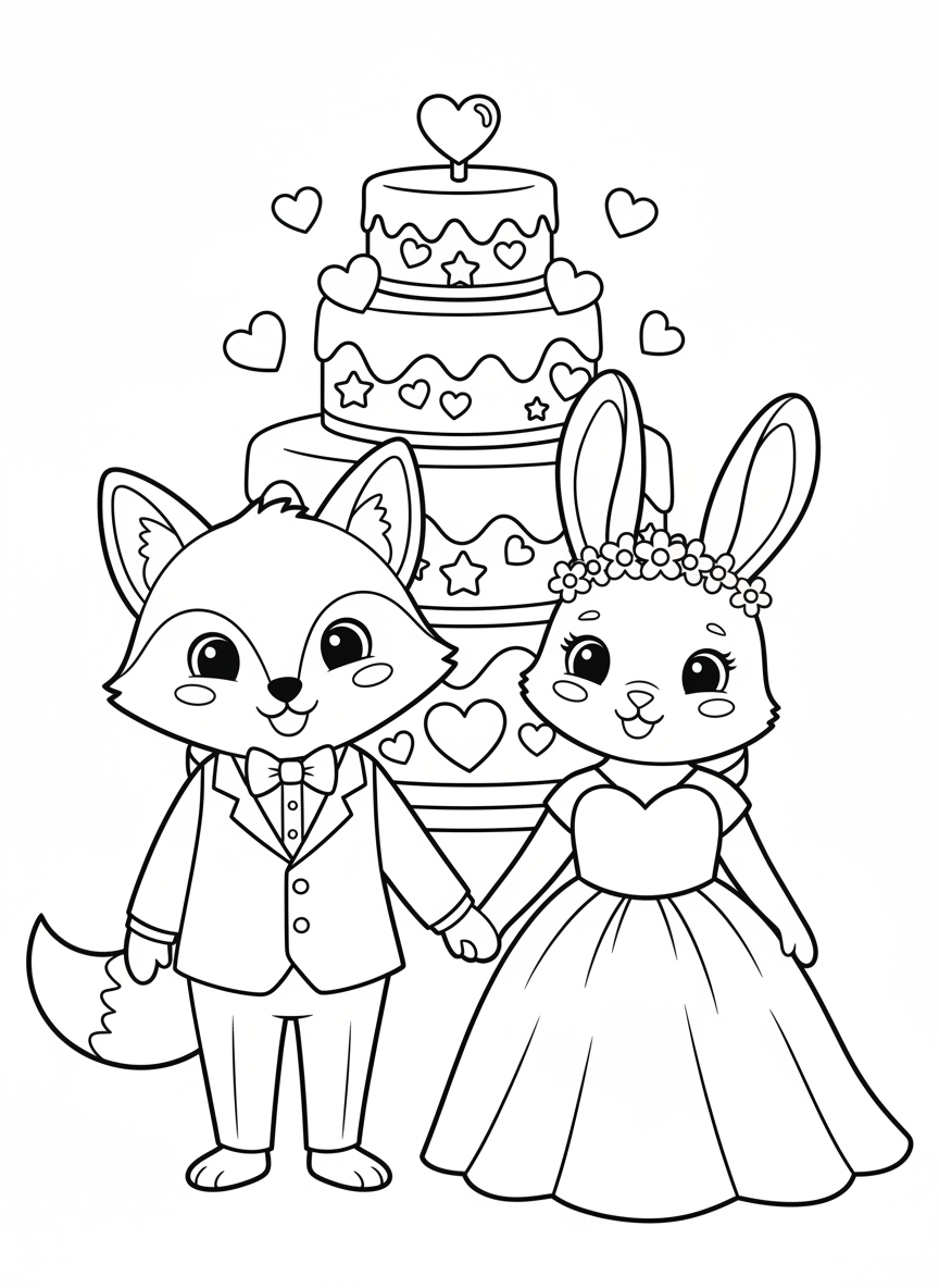 Cute Cartoon Animal Wedding Coloring Page - Wedding Coloring Page featuring Children and Cute - Free Printable Outline Drawing for Kids