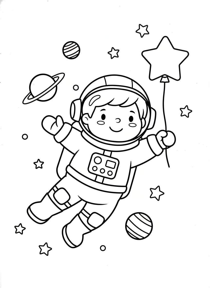 Cute Cartoon Astronaut Space Adventure Coloring Page for Kids - Space Character Coloring Page featuring Children and Cute - Free Printable Outline Drawing for Kids