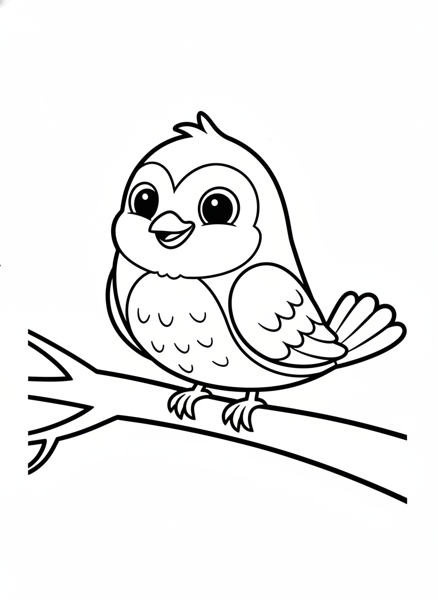 Cute Cartoon Bird on Branch Coloring Page for Kids - Bird Coloring Page featuring Easy to Color and Cute - Free Printable Outline Drawing for Kids