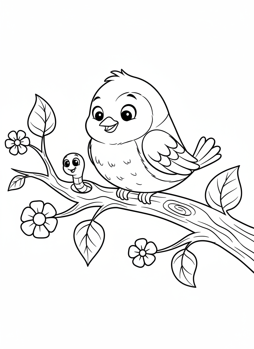 Page de coloriage d'Oiseau et Ver Mignons en Dessin Animé - Oiseau Coloriage avec Nature et Enfants - Dessin au Trait Gratuit Imprimable
