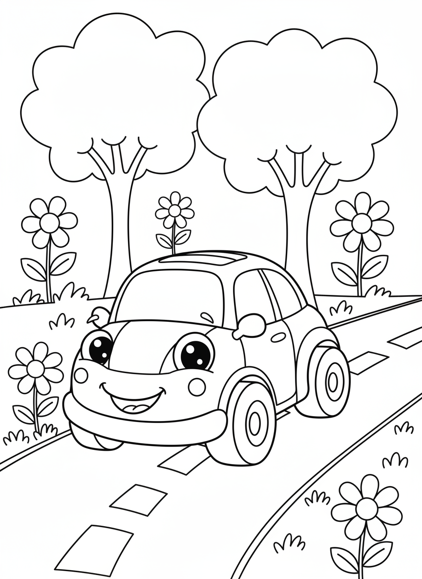 Cute Cartoon Car Park Adventure Coloring Page - Car Coloring Page featuring Children and Cute - Free Printable Outline Drawing for Kids