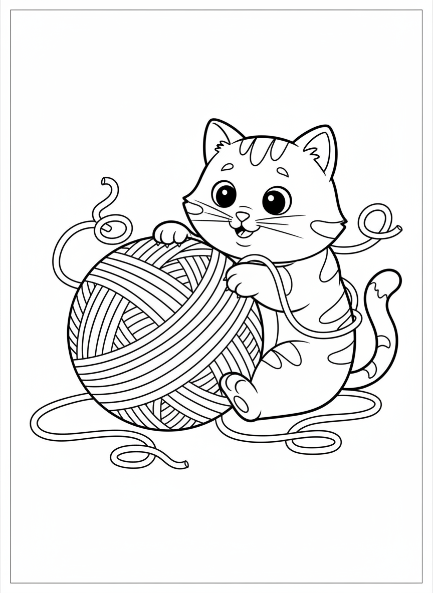 Cute Cartoon Cat Playing with Yarn Ball Coloring Page - Cat Coloring Page featuring Children and Cute - Free Printable Outline Drawing for Kids